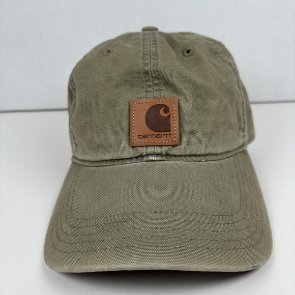 Carhartt Odessa Hat/Cap Adjustable Canvas Leather Logo Patch Dusty Olive EUC - Picture 1 of 8